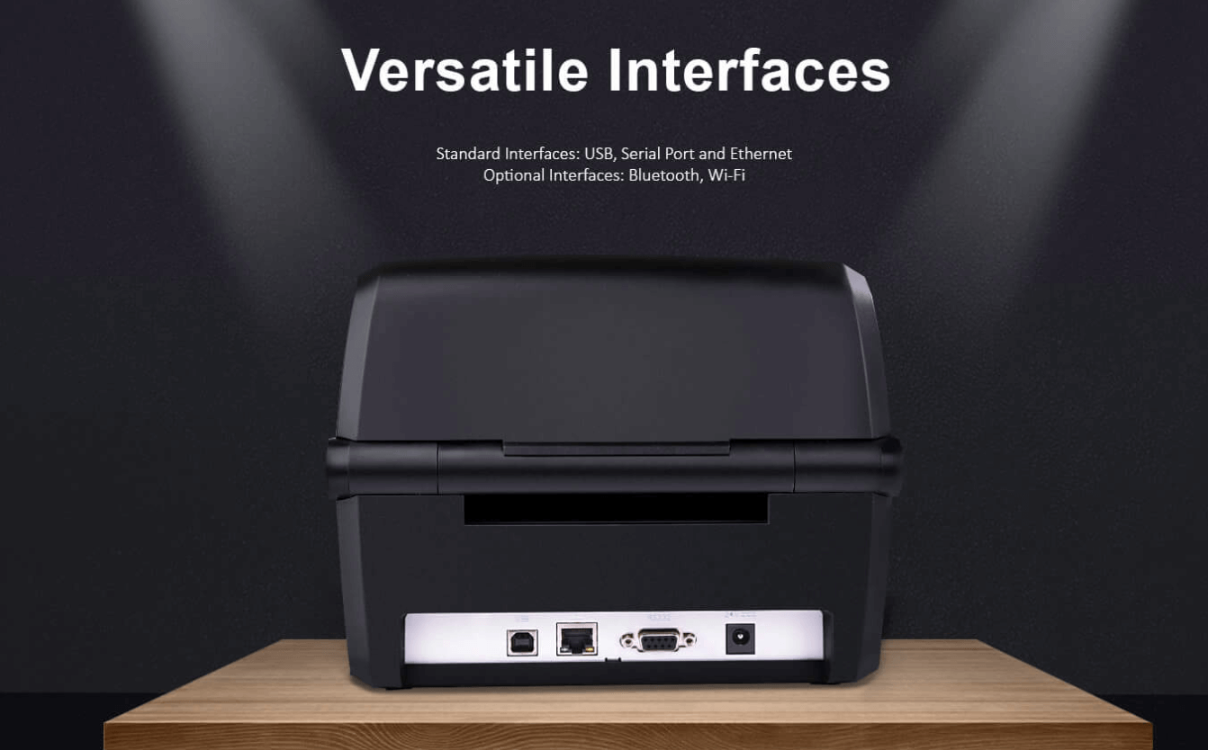 Back view of a stampante codice a barre showing multiple interface ports like USB, Serial, and Ethernet.